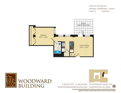 Floor plan for 1 bed, 1 bath, 745 sqft